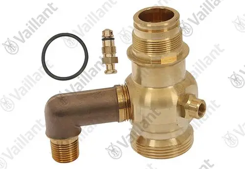 Vaillant Bauteil aus Messing mit angeschlossenem Rohrbogen, O-Ring und zusätzlichem Teil. Eignet sich für Heizungs- oder Sanitärinstallationen.